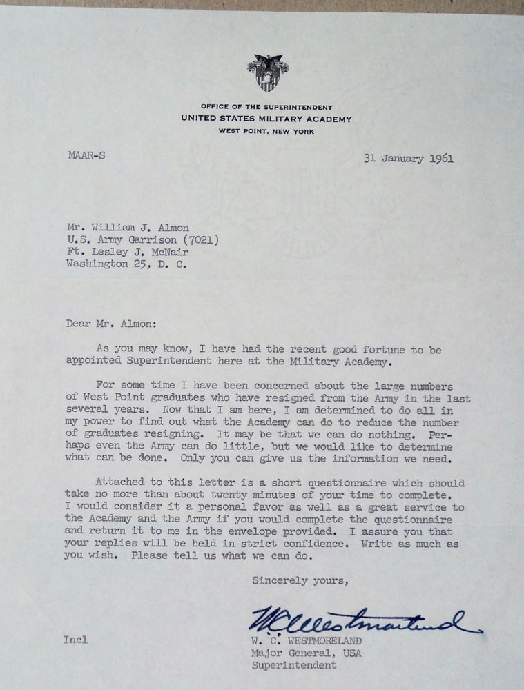 [100050] TLs on West Point letterhead dated January 31, 1961. C. WESTMORELAND, USA, Major General, illiam.