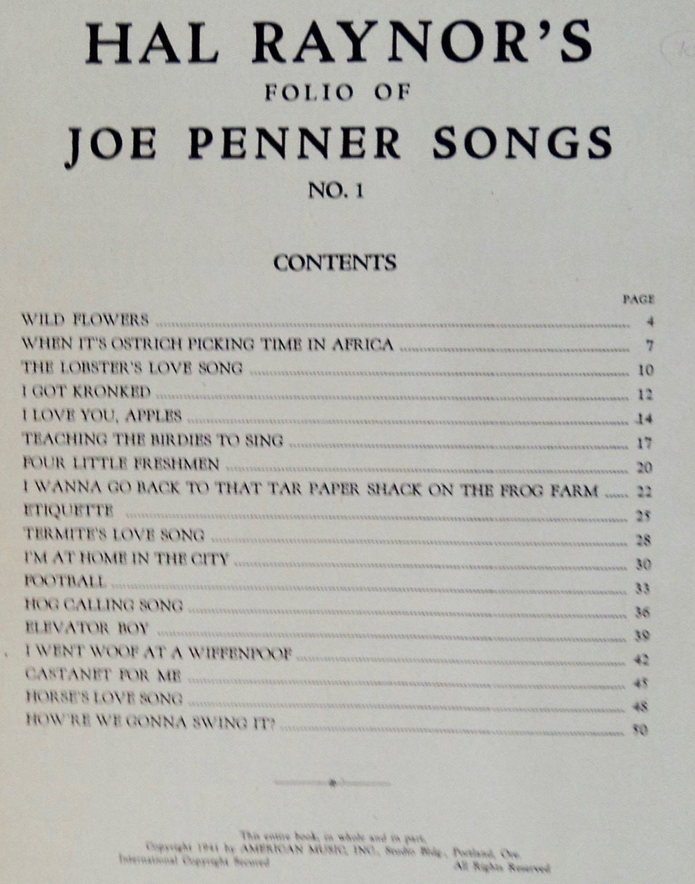 Hal Penner Hal Raynor's Folio of Joe Penner Songs No. 1 | Joe PENNER