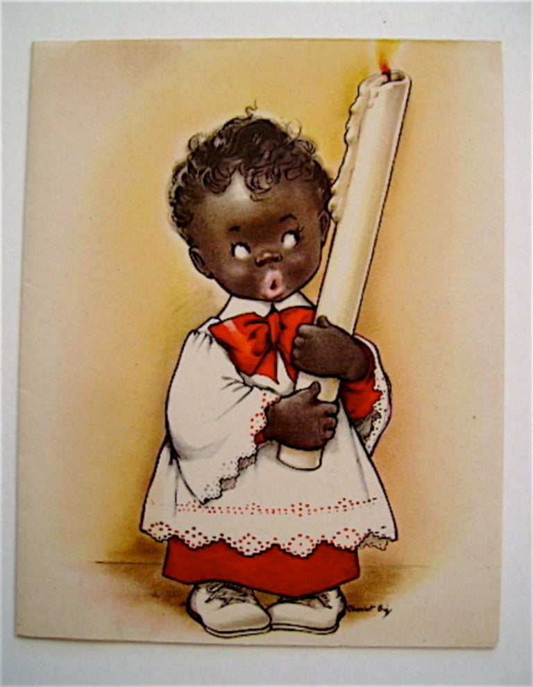 [70784] Christmas Card. Image of little black choir boy holding a very big candle. Charlot BYJ, color illustrations.