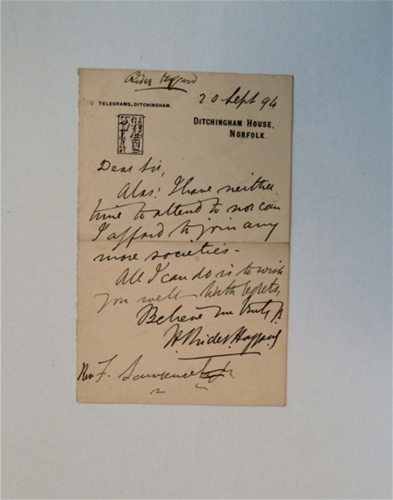 [83541] Short ALs on Haggard's Ditchingham House stationary. H. Rider HAGGARD.