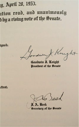 California Legislature, 1953 Regular Session, Senate Concurrent Resolution Relative to the Passing of the Honorable Arthur H. Breed, Sr. (cover title: In Memoriam Arthur H. Breed, Sr.)