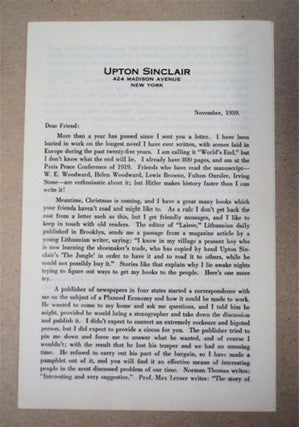 95167] Circular Letter Dated November, 1939. Upton SINCLAIR