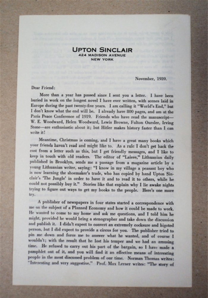 [95167] Circular Letter Dated November, 1939. Upton SINCLAIR.