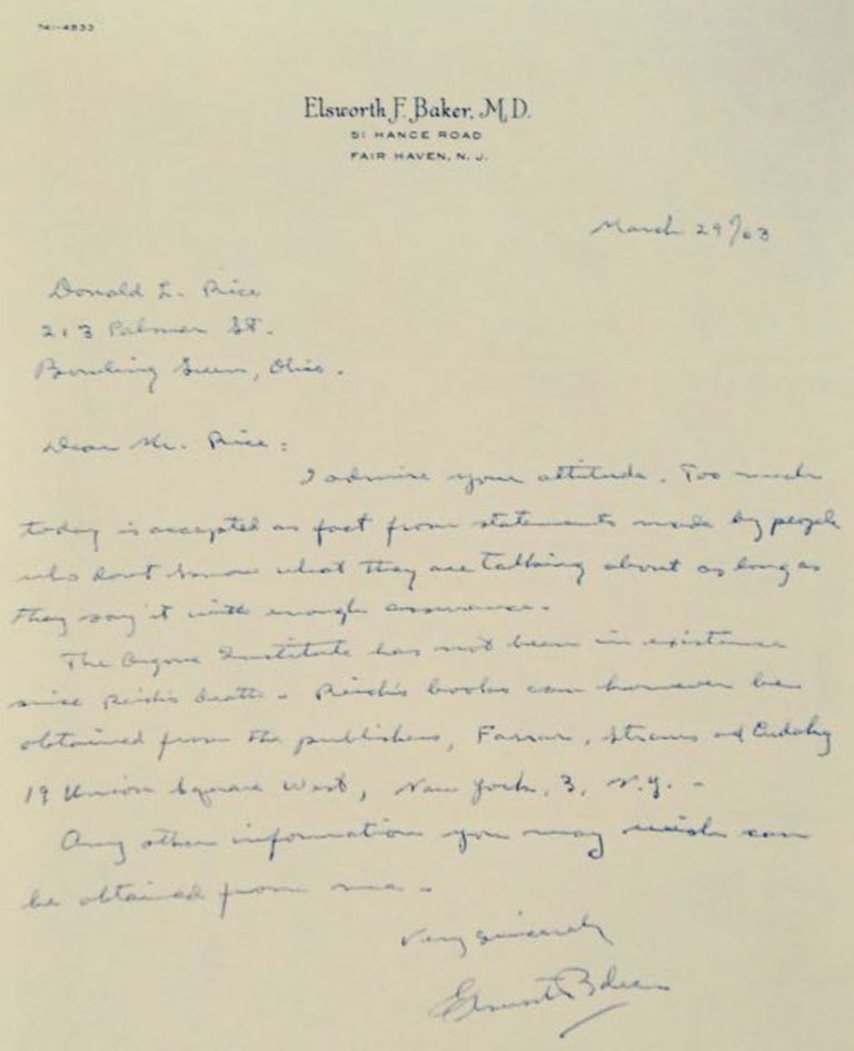 [98308] One-page ALs to Donald L. Rice of Bowling Green, Ohio. Ellsworth F. BAKER, M. D.
