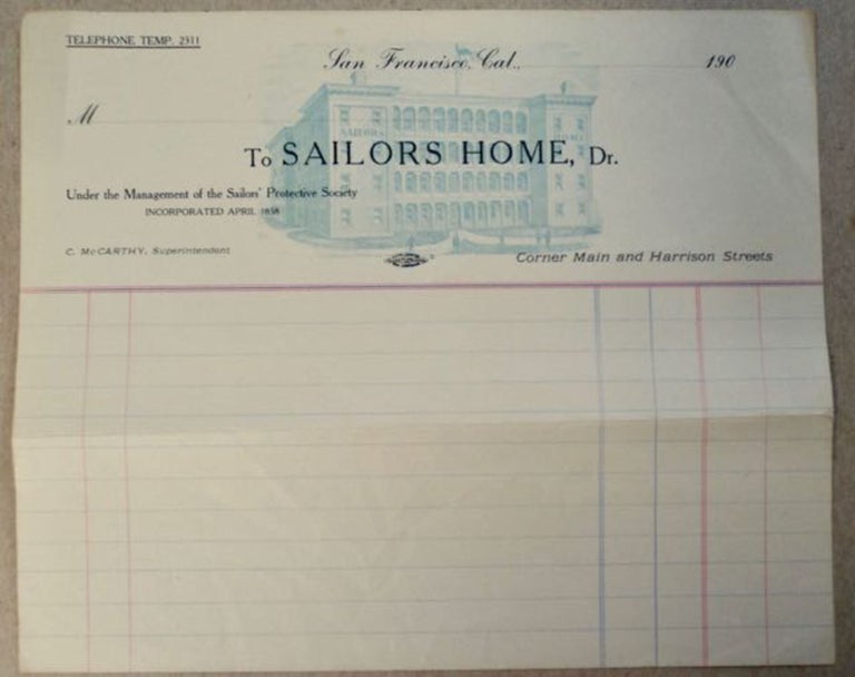 [98492] Billhead dated 190- featuring a Picture of the Home. SAILORS HOME.