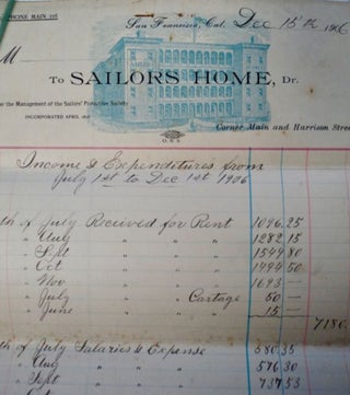 Handwritten Statement of Income & Expenditures from July 1 to December 17, 1906 on Three Sailors Home Billheads Which Feature a Picture of the Home